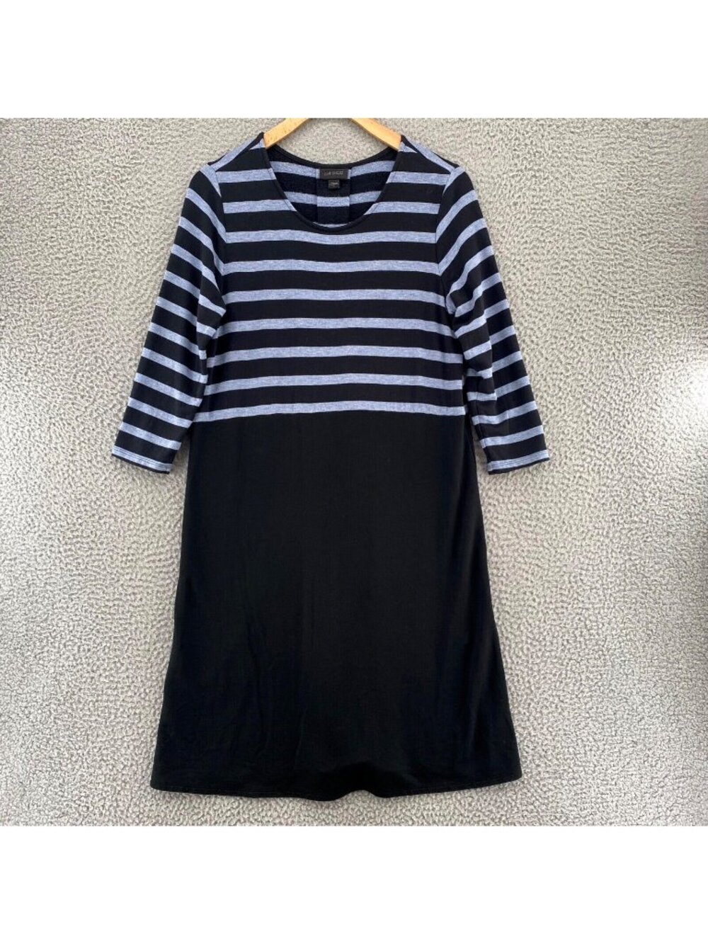 J Jill Dress Womens Small Black Blue Striped Wearever Tee Terry 3/4 Sleeve Mini